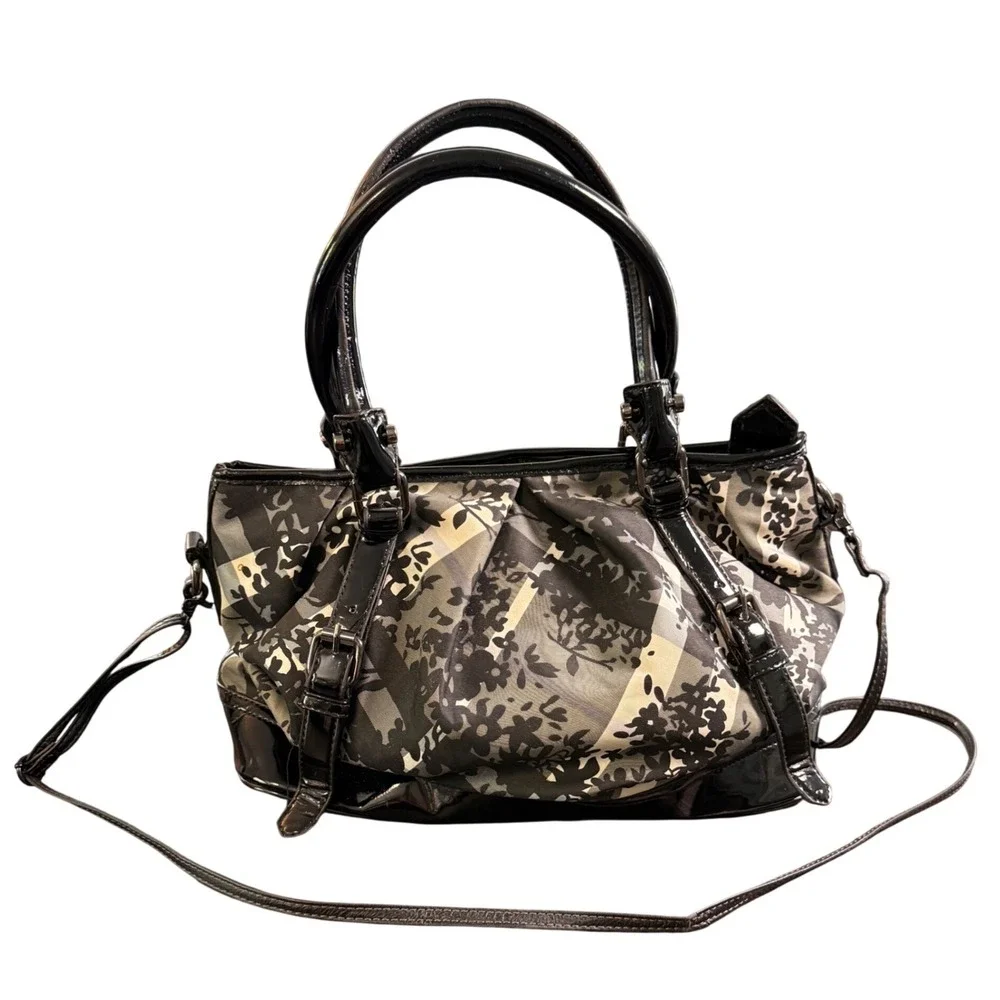 Floral Plaid Check Satchel Bag‎ Black White Patent Trim Purse Tote Crossbody